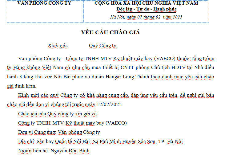 mua thiết bị CNTT phòng Chủ tịch HĐTV tại Nhà điều hành 3 tầng khu vực Nội Bài phục vụ dự án Hangar Long Thành